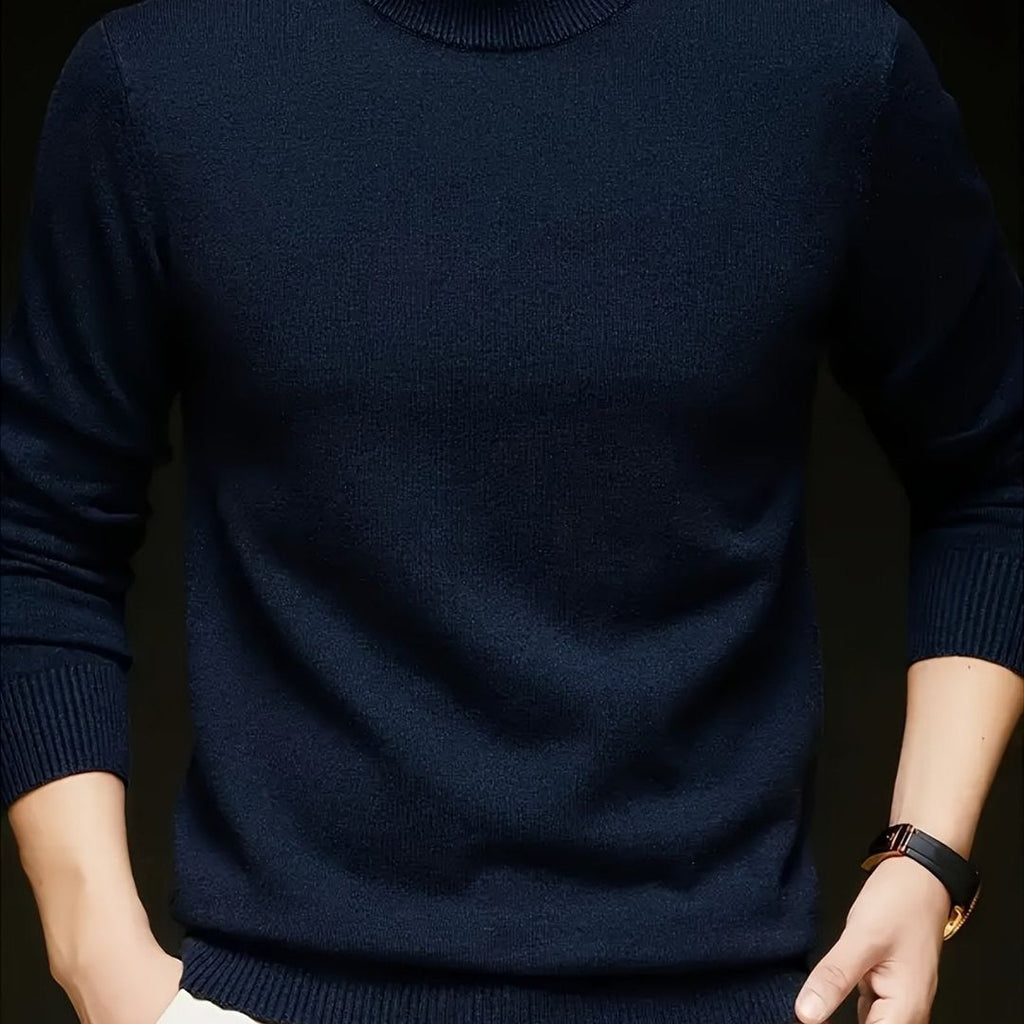 Men's fine knit mock neck sweater in navy, front view
