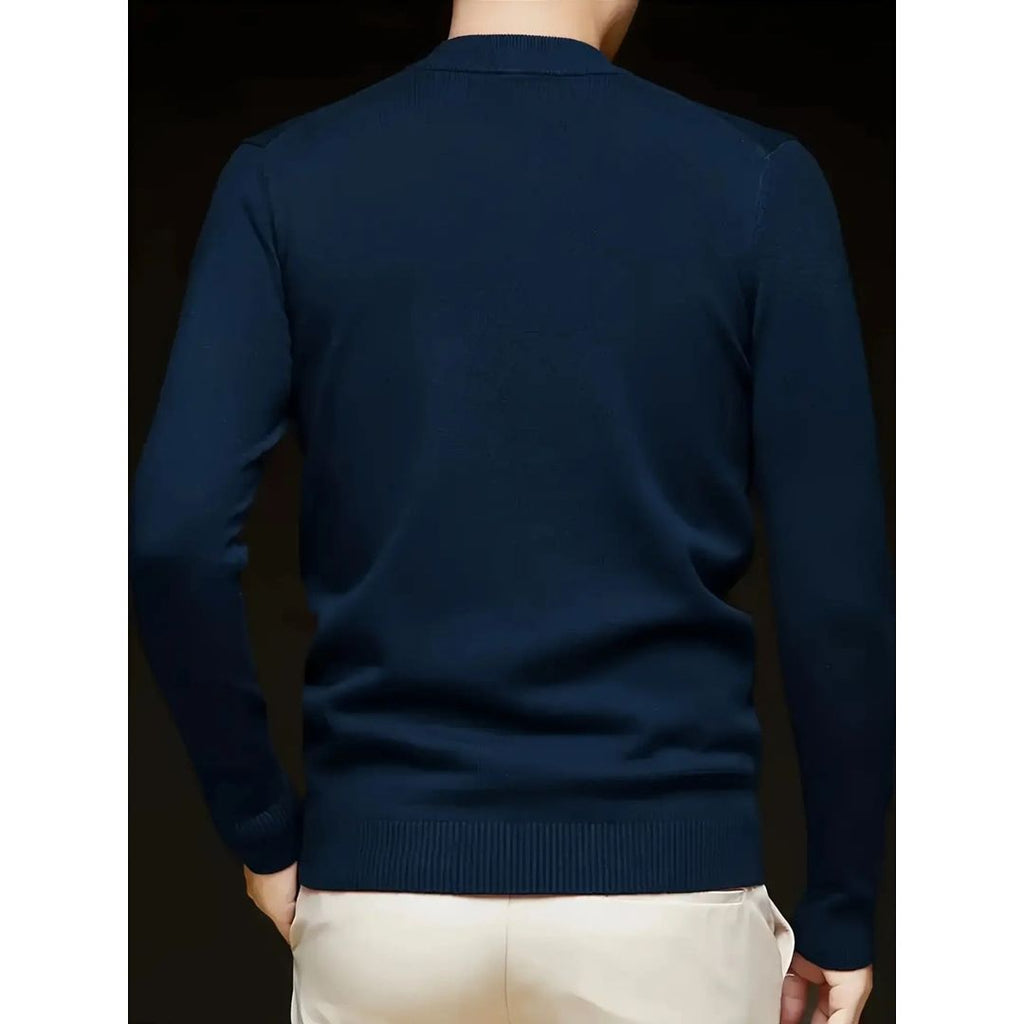 Men's fine knit mock neck sweater in navy, back view