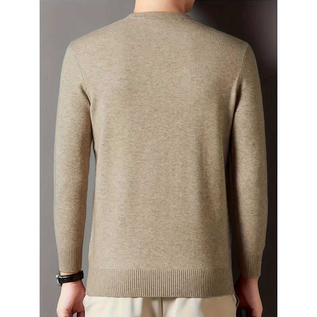 Men's fine knit mock neck sweater in camel, back view