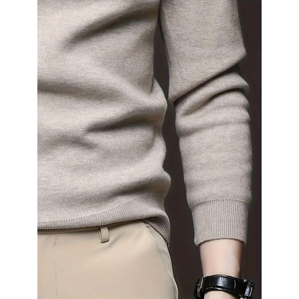 Men's fine knit mock neck sweater in camel, cuff detail