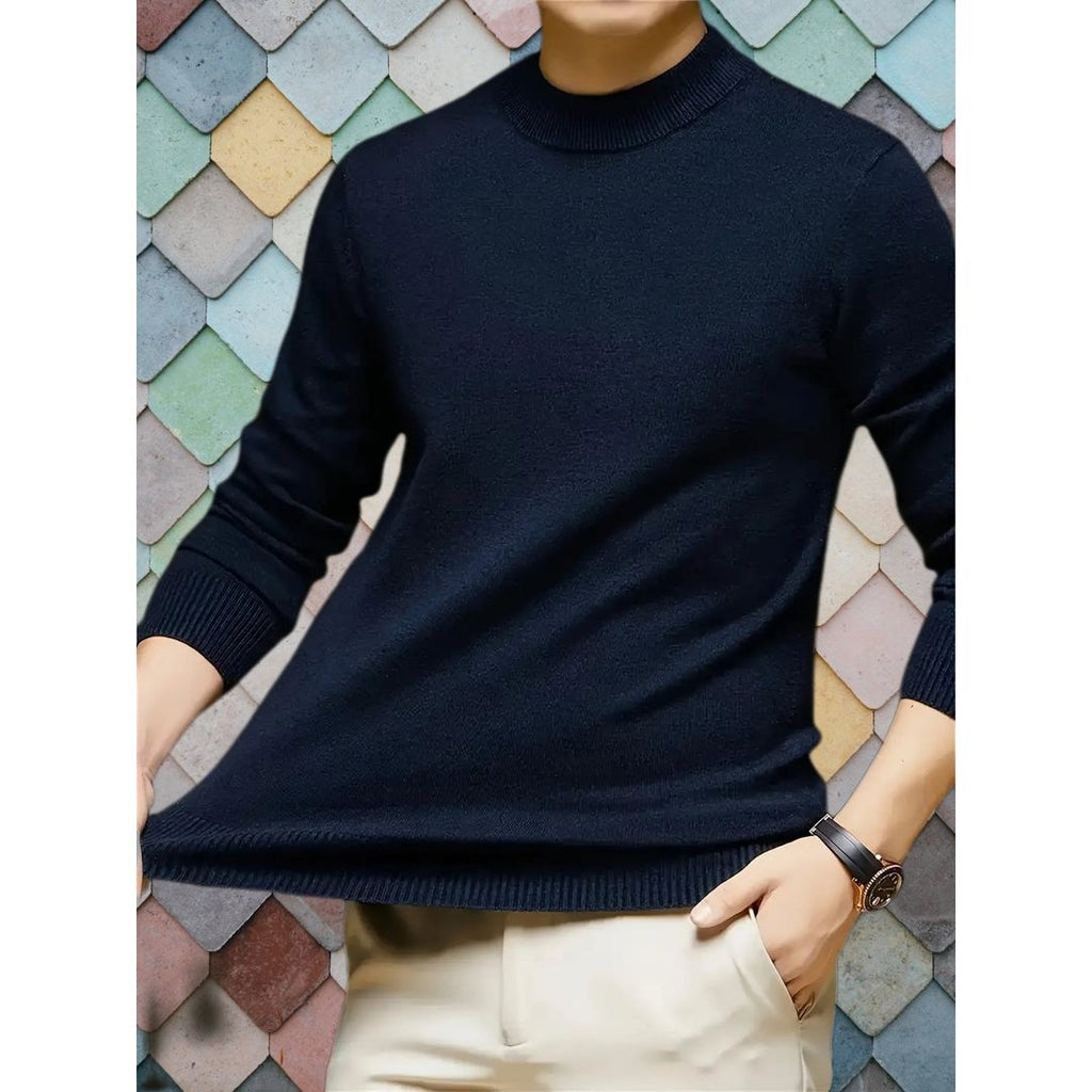 Men's fine knit mock neck sweater in navy, worn outdoors