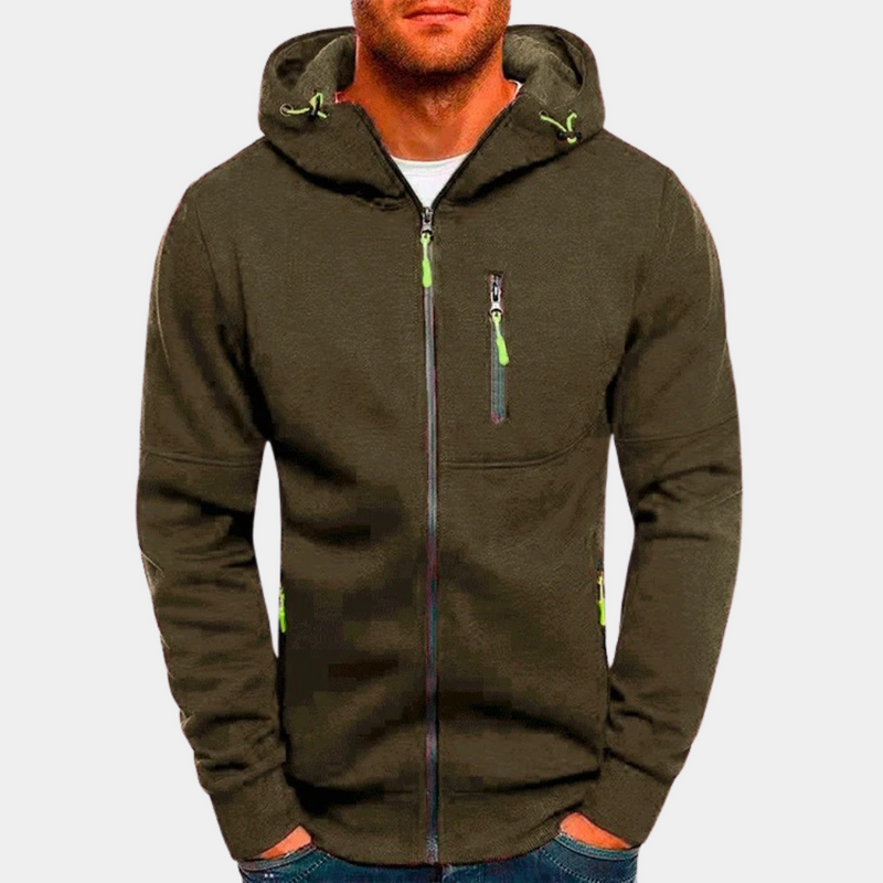 Men's full zip hoodie with relaxed fit in olive green
