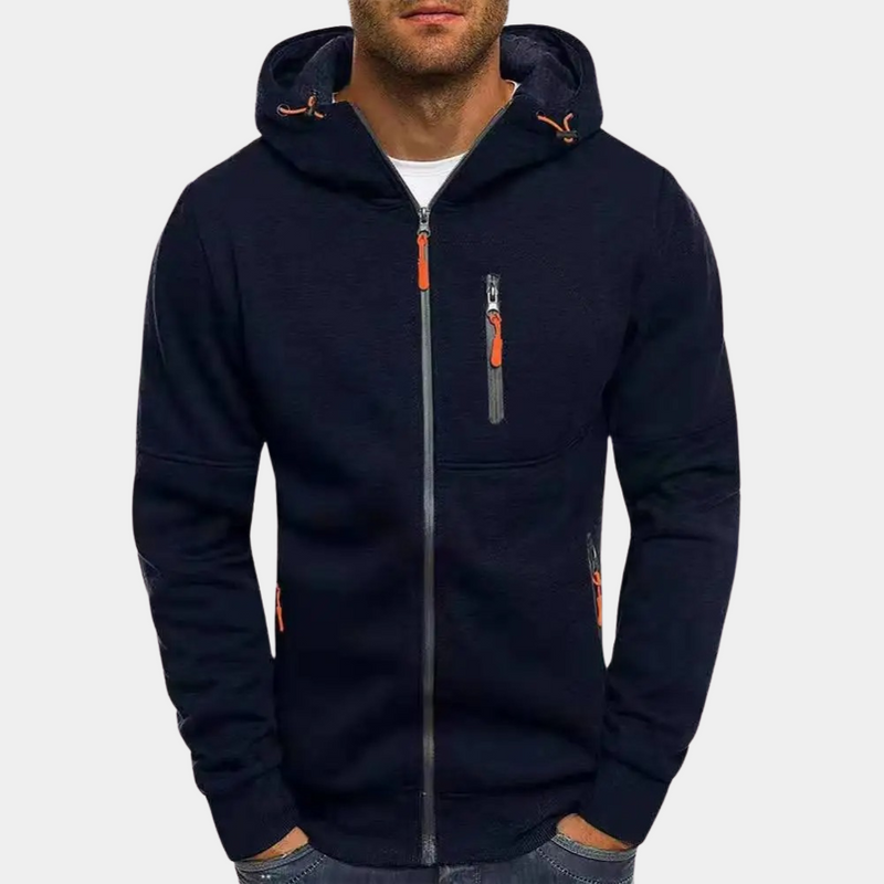Men's full zip hoodie with relaxed fit in navy blue