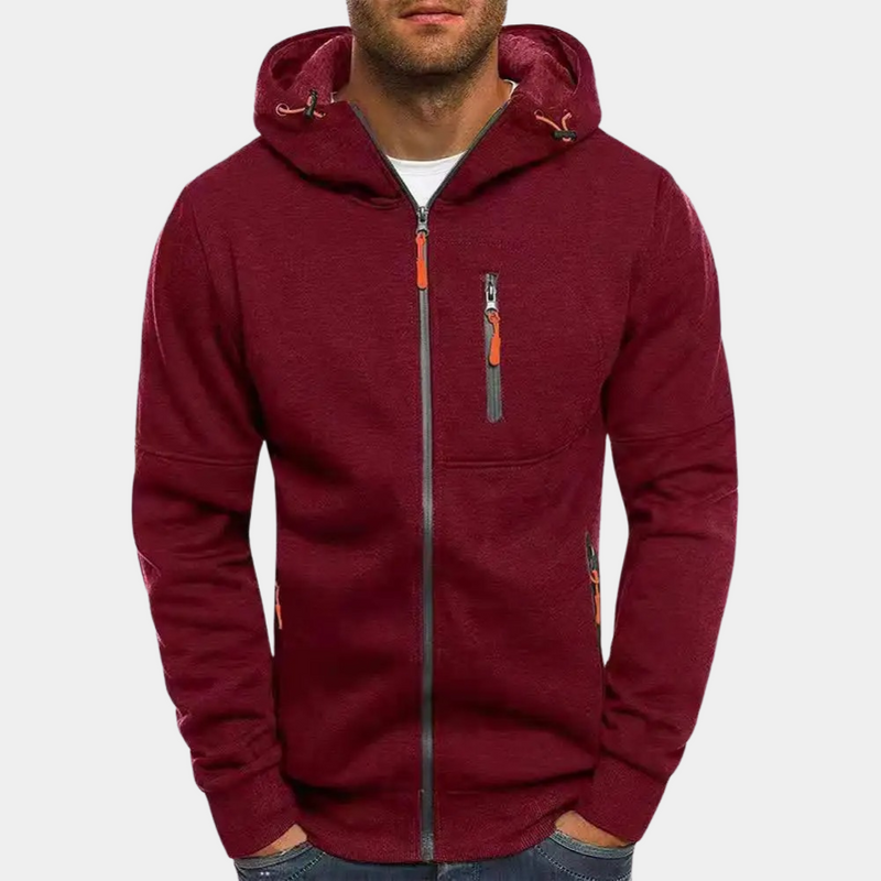 Men's full zip hoodie with relaxed fit in red