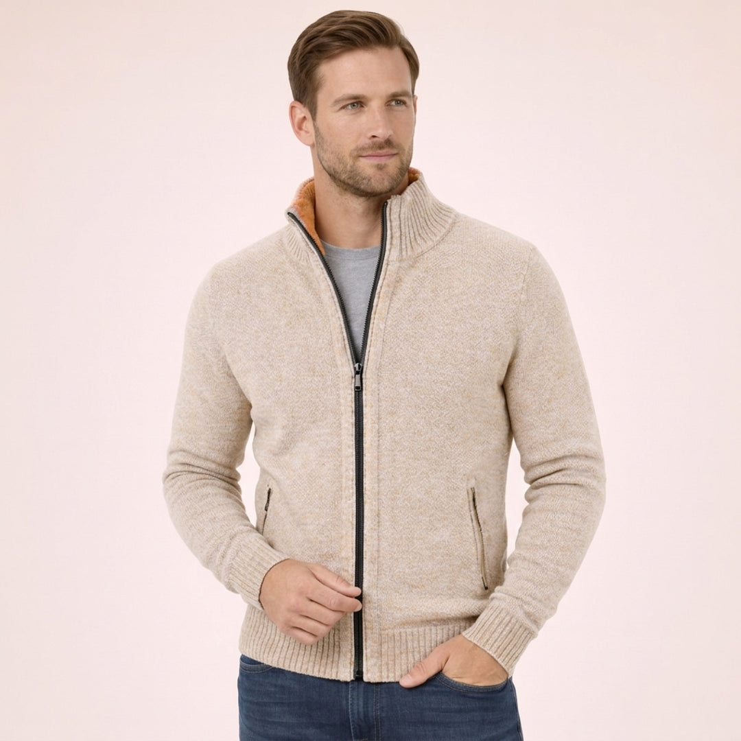 Man wearing a cream zip cardigan
