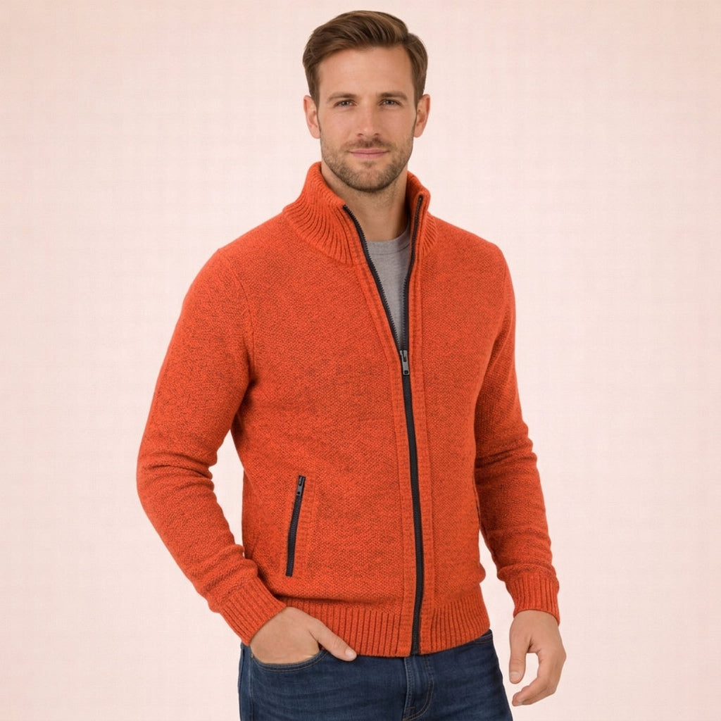 Man wearing an orange full-zip knit cardigan