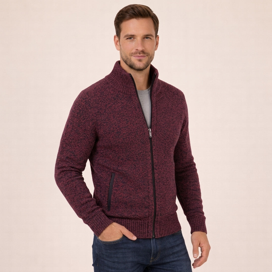 Man wearing a burgundy zip cardigan with stand collar