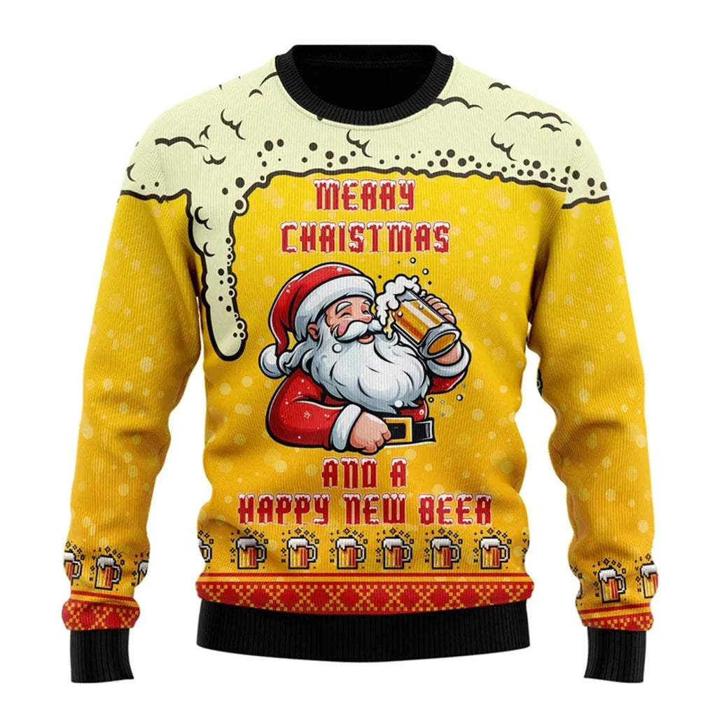 Men's yellow Christmas sweater with Santa and beer print