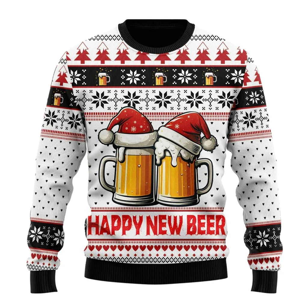 Men's white Christmas sweater with beer mugs print