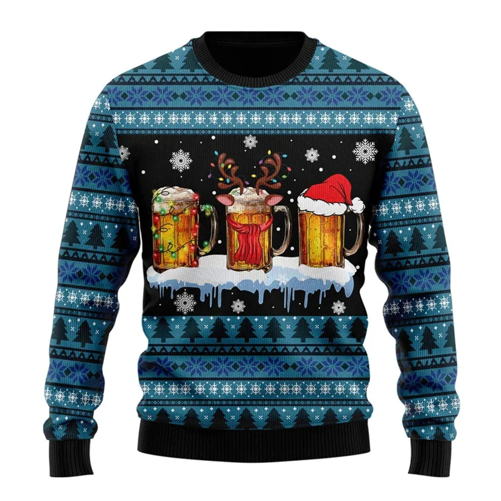 Men's blue Christmas sweater with beer mugs