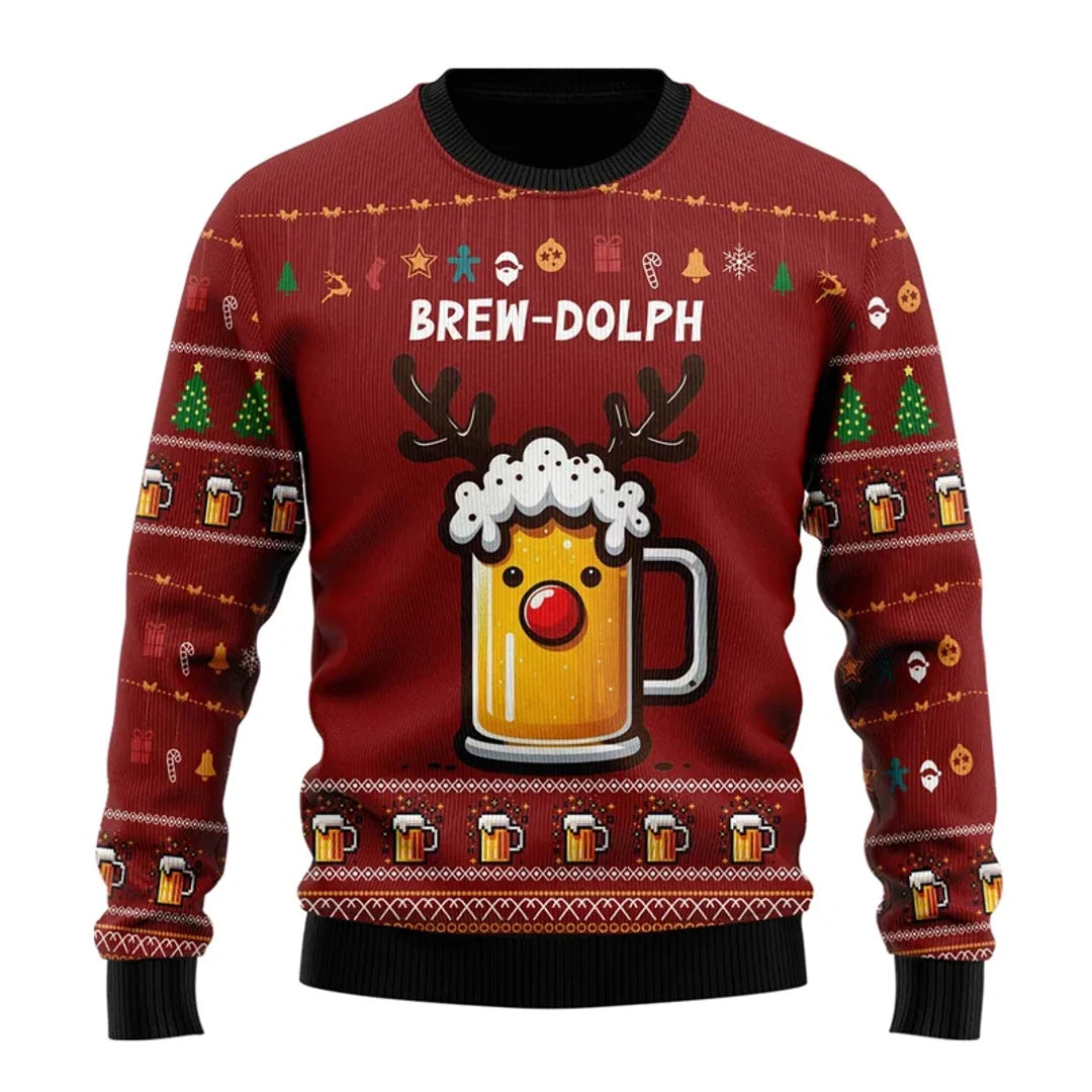 Men's red Christmas sweater with reindeer beer print