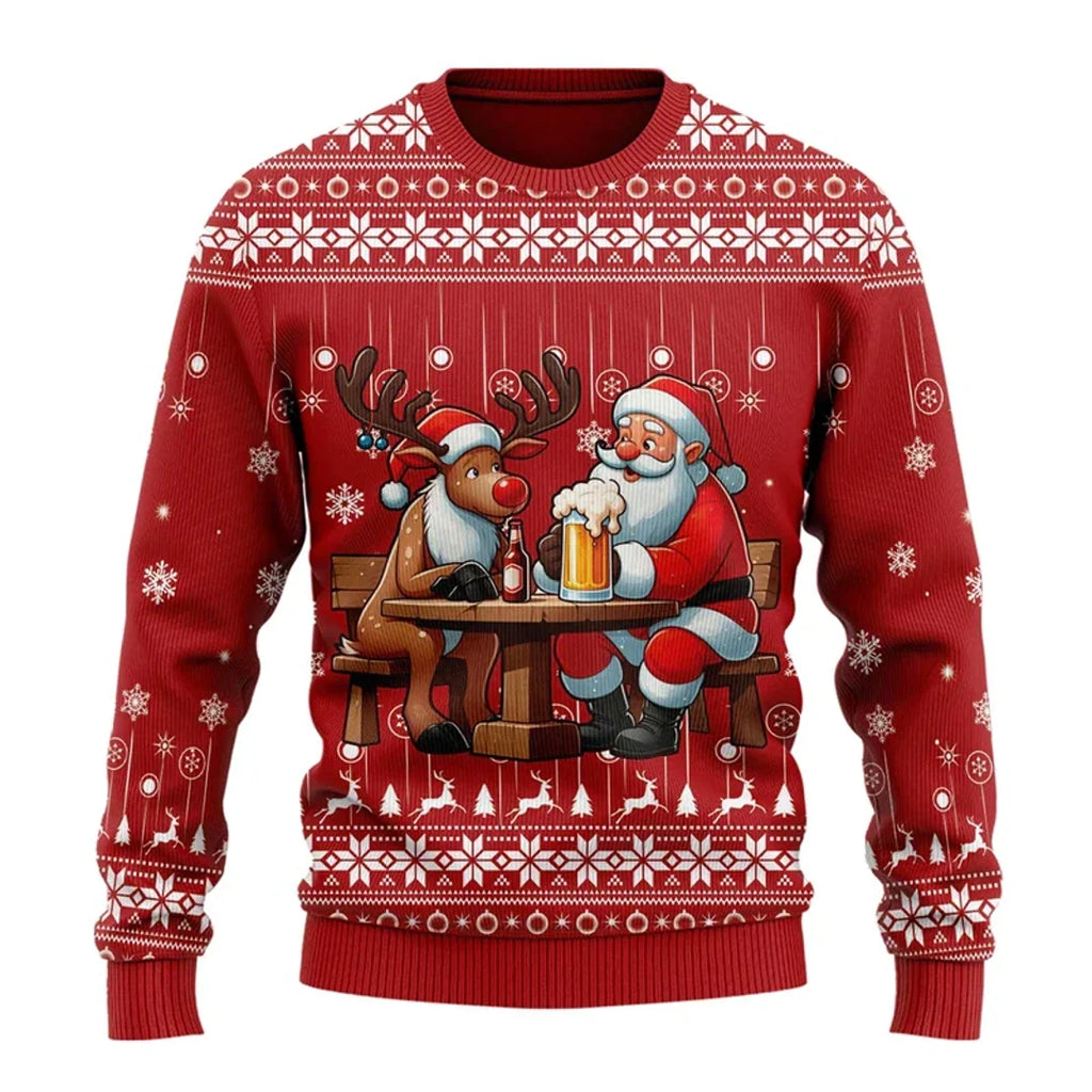 Men's red Christmas sweater with reindeer and Santa
