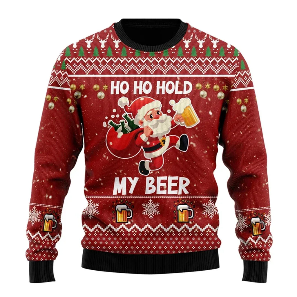Men's red Christmas sweater with Santa and beer