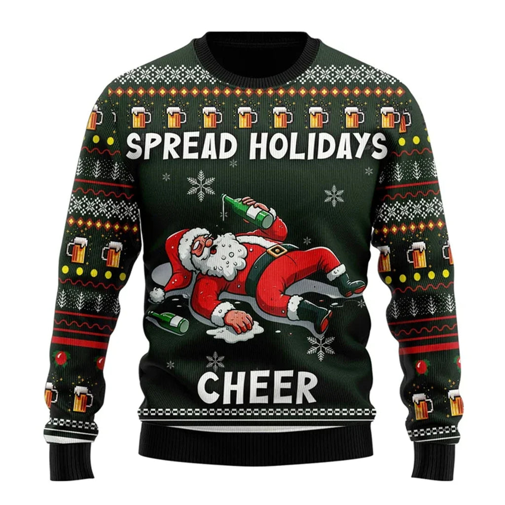 Men's army green Christmas sweater with Santa print