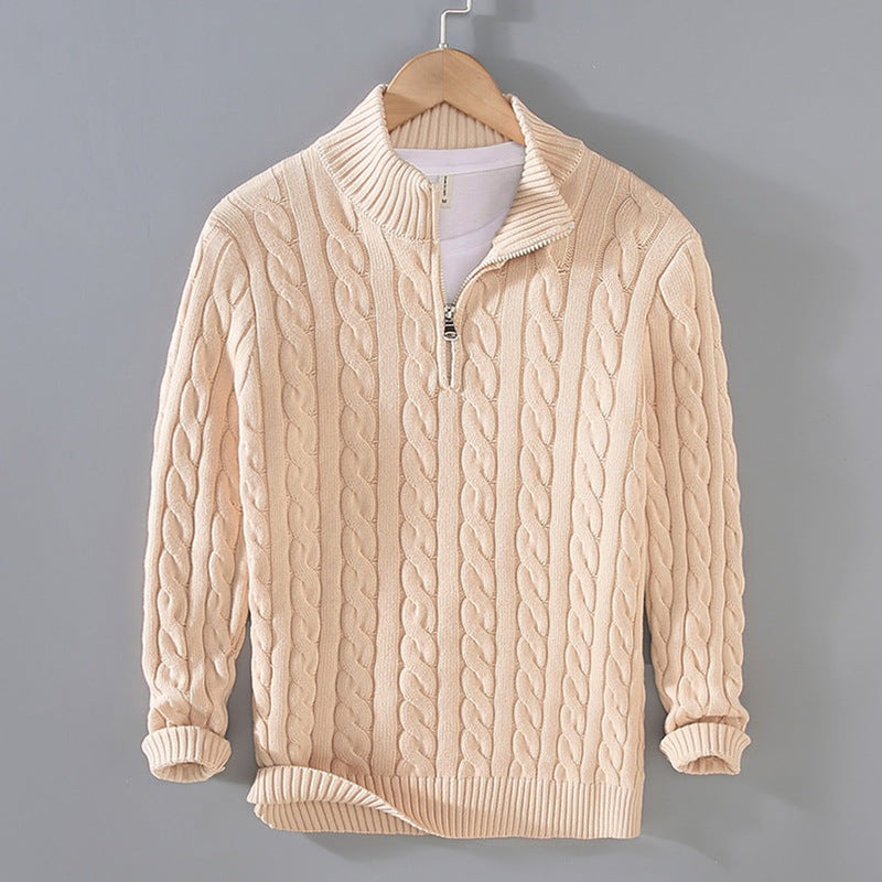 Men's half-zip cable knit sweater in beige