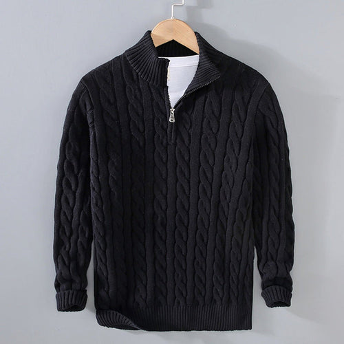 Men's half-zip cable knit sweater in black