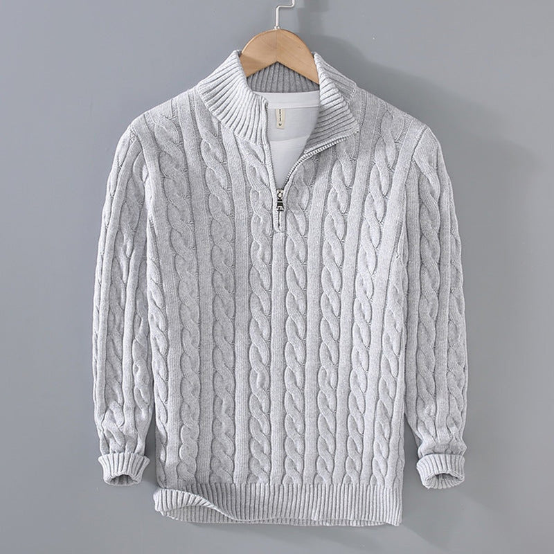 Men's half-zip cable knit sweater in grey