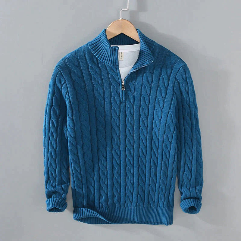 Men's half-zip cable knit sweater in blue