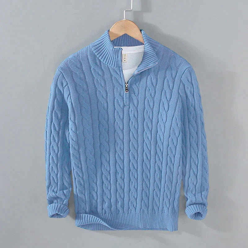Men's half-zip cable knit sweater in light blue