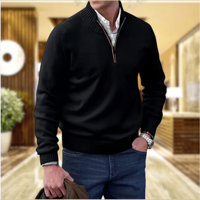 Man wearing the black half-zip knit sweater