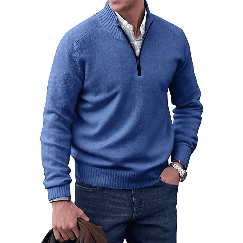 Men's half-zip knit sweater in blue