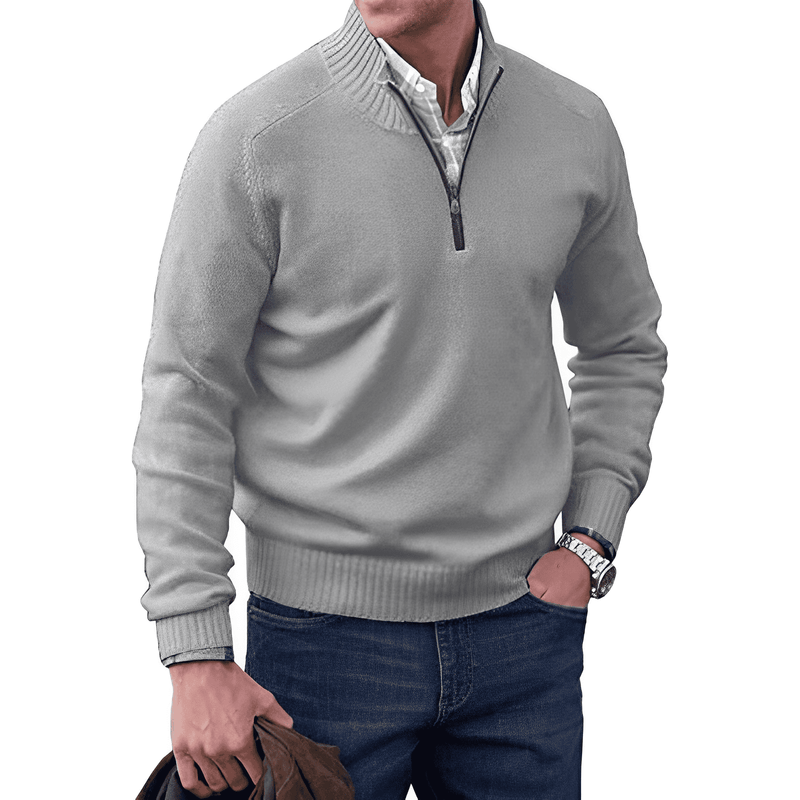 Men's half-zip knit sweater in light grey