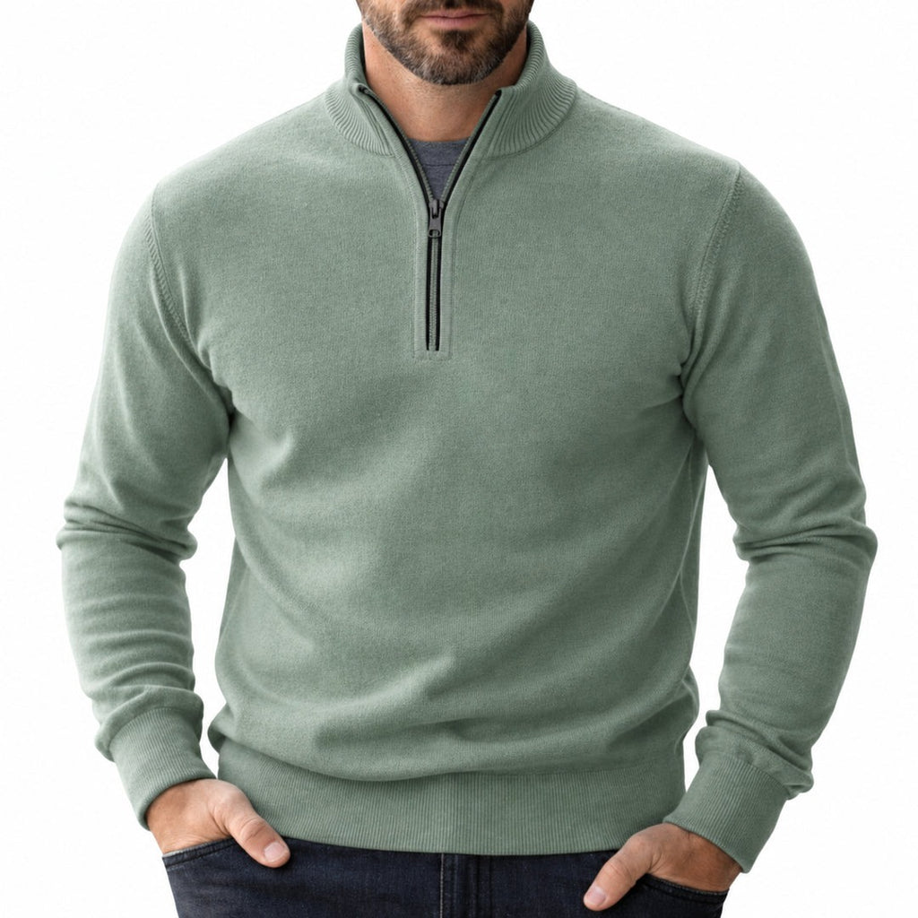 Men's half-zip pullover with stand collar in sage green