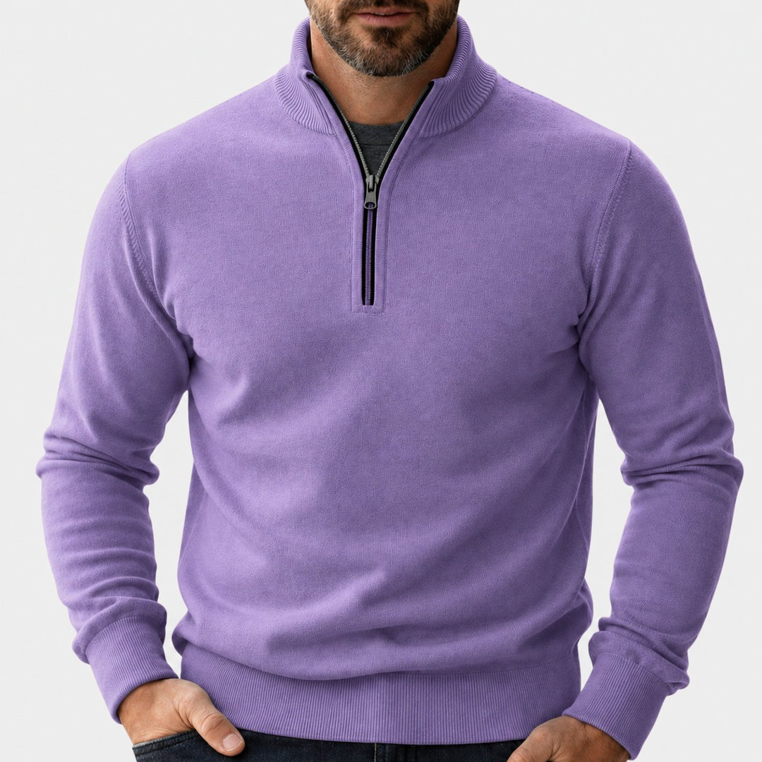 Men's half-zip pullover with stand collar in purple