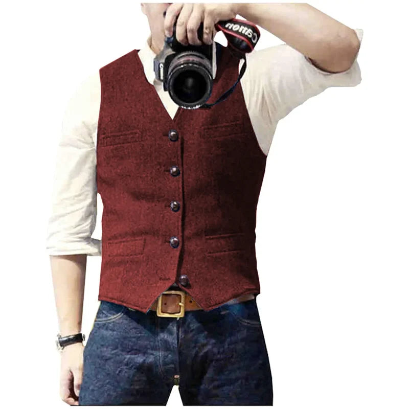 Men's herringbone waistcoat in burgundy