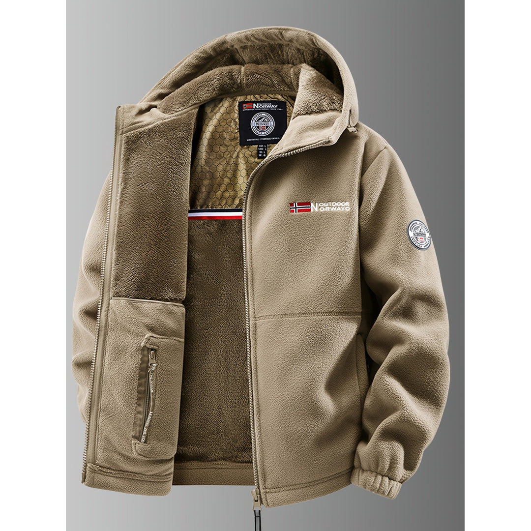 Men's khaki hooded fleece jacket with teddy lining