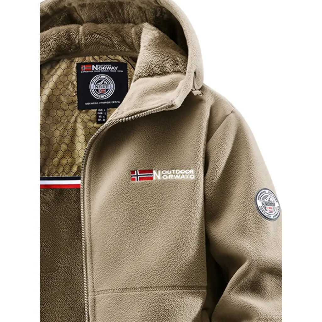 Close-up of the khaki fleece jacket chest