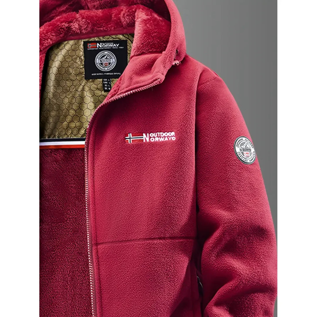 Close-up of the red fleece jacket hood
