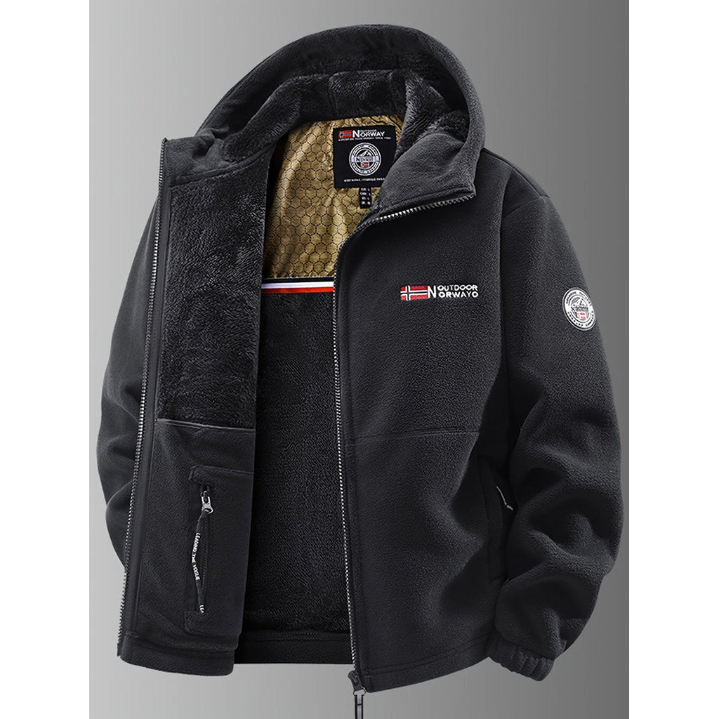 Men's black hooded fleece jacket with teddy lining