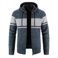 Men's blue grey hooded knit jacket with striped chest panel