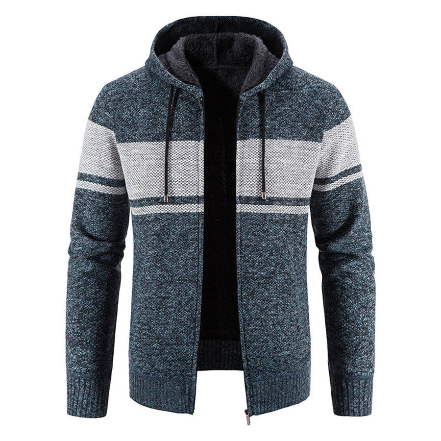 Men's Hooded Knit Jacket with Striped Chest Panel and Full Zip for Winter