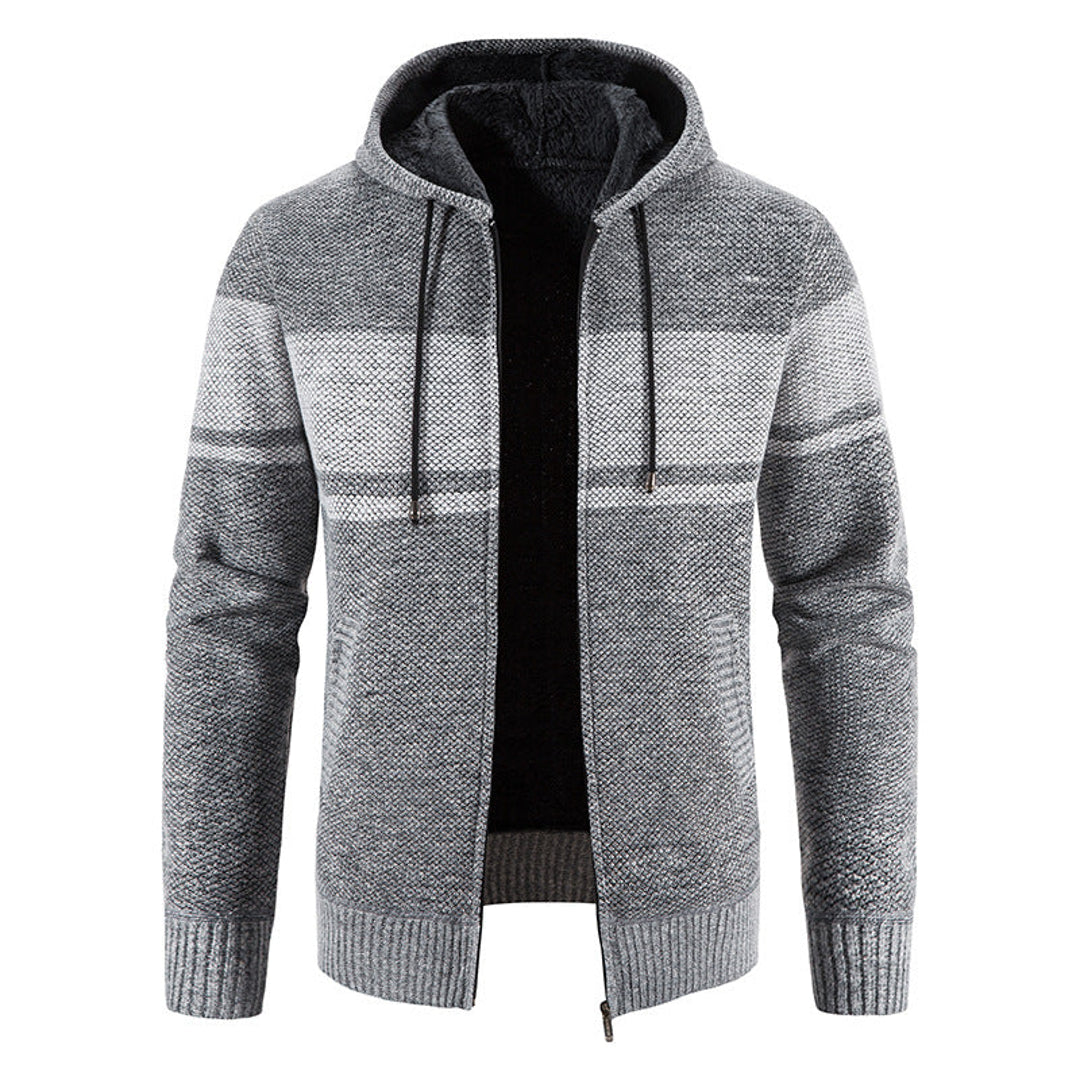 Men's light grey hooded knit jacket with stripe detail