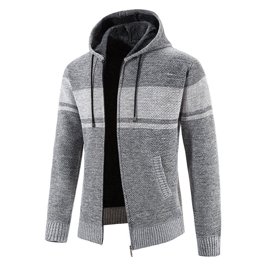 Men's light grey zip-up knit jacket – front view