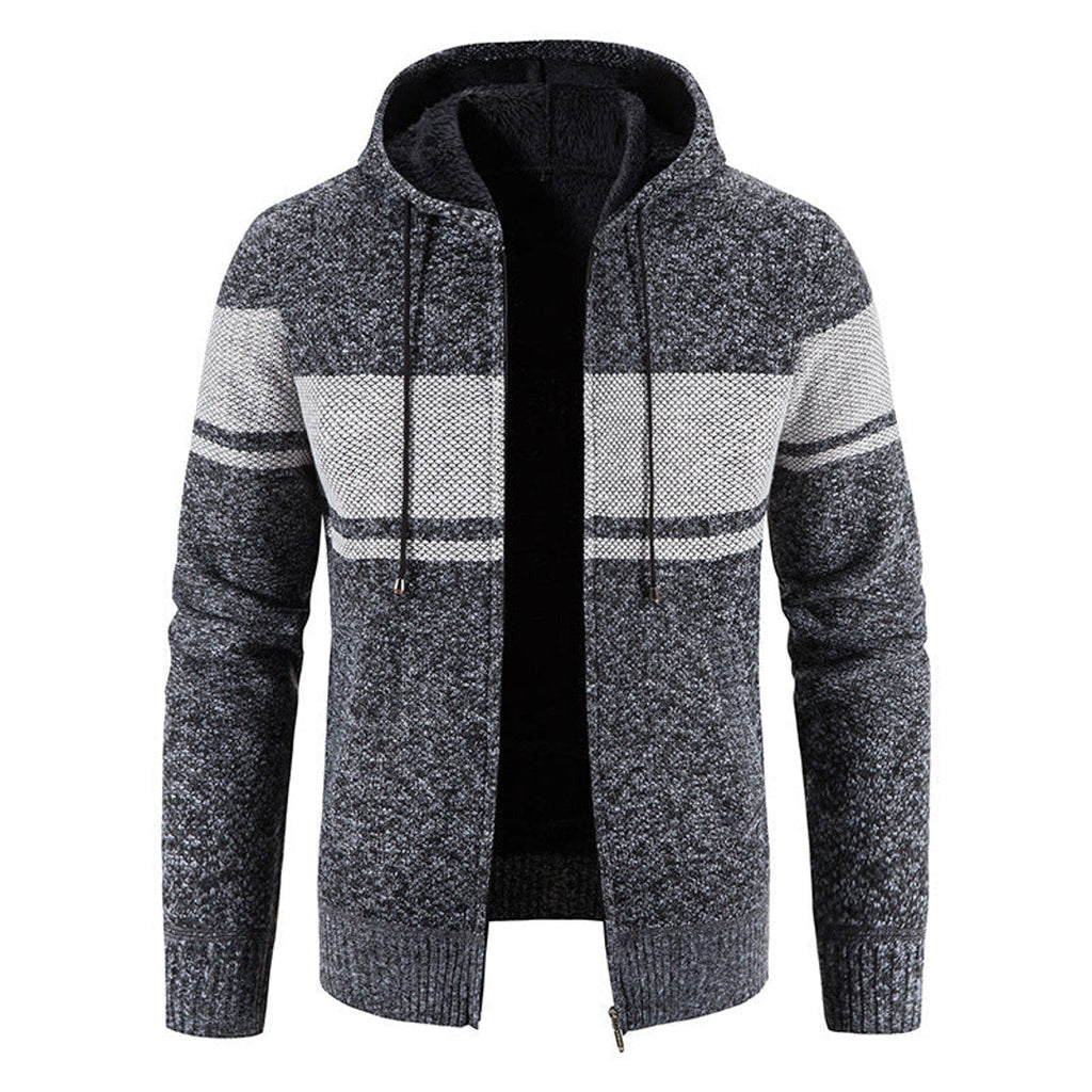 Men's dark grey hooded knit jacket with striped panel