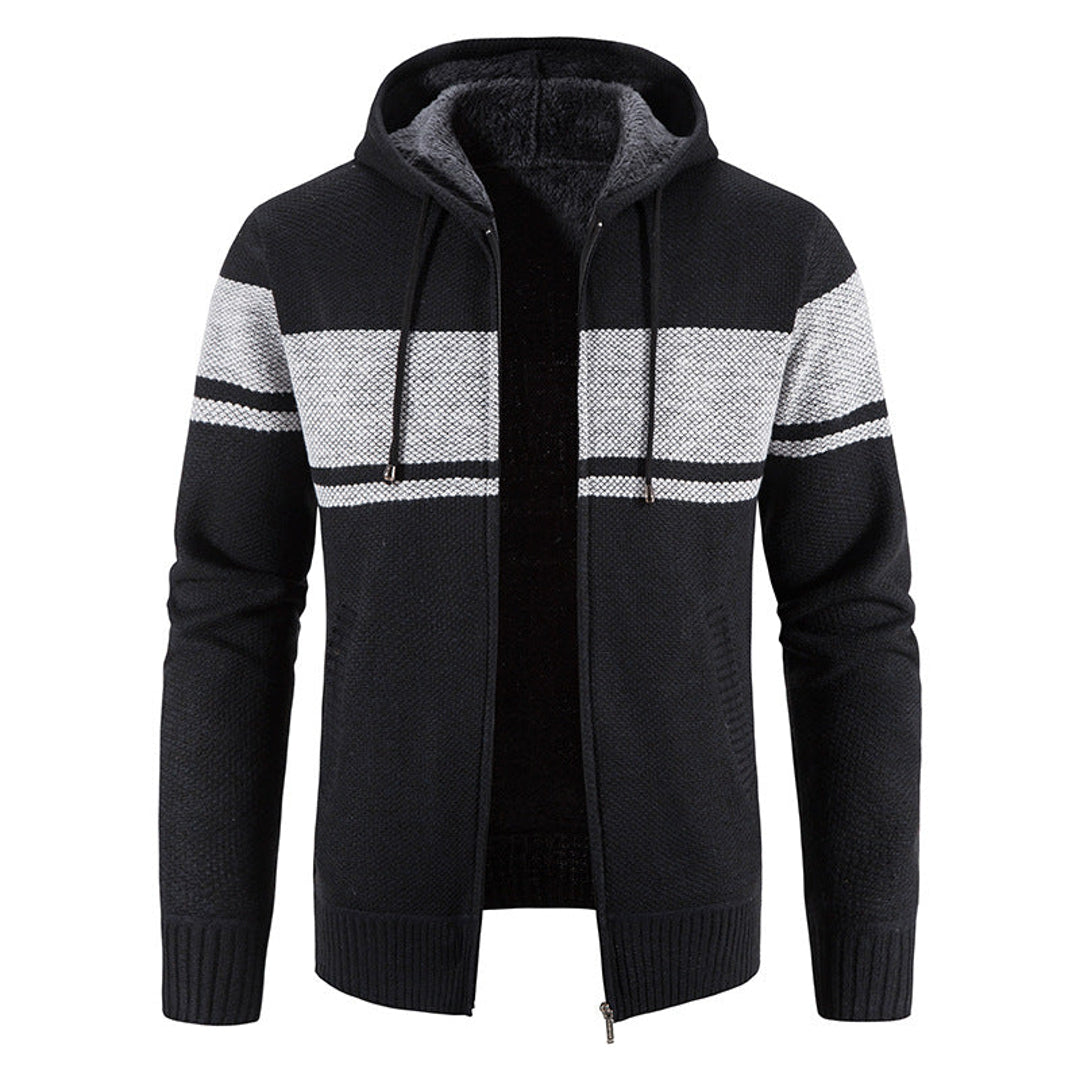Men's black hooded knit jacket with light grey stripes
