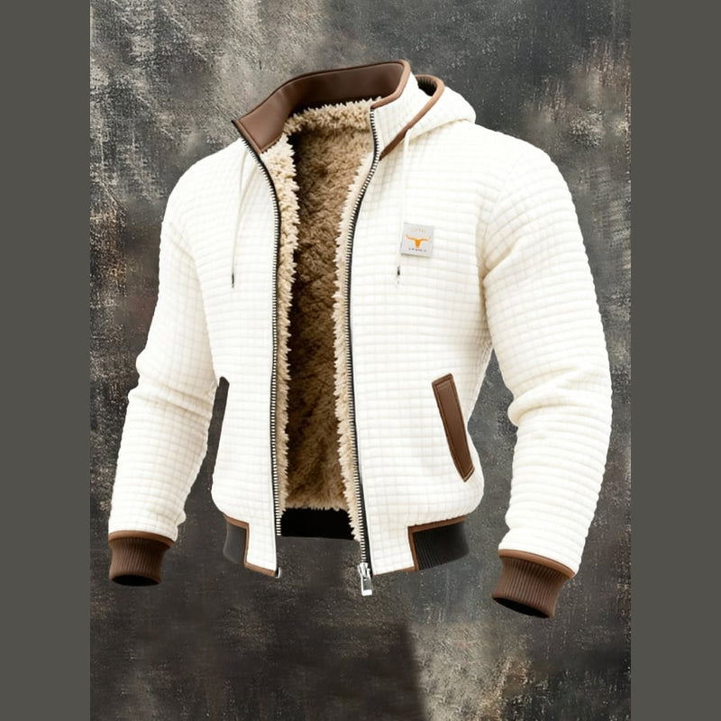 Men's hooded knit jacket with teddy lining in white