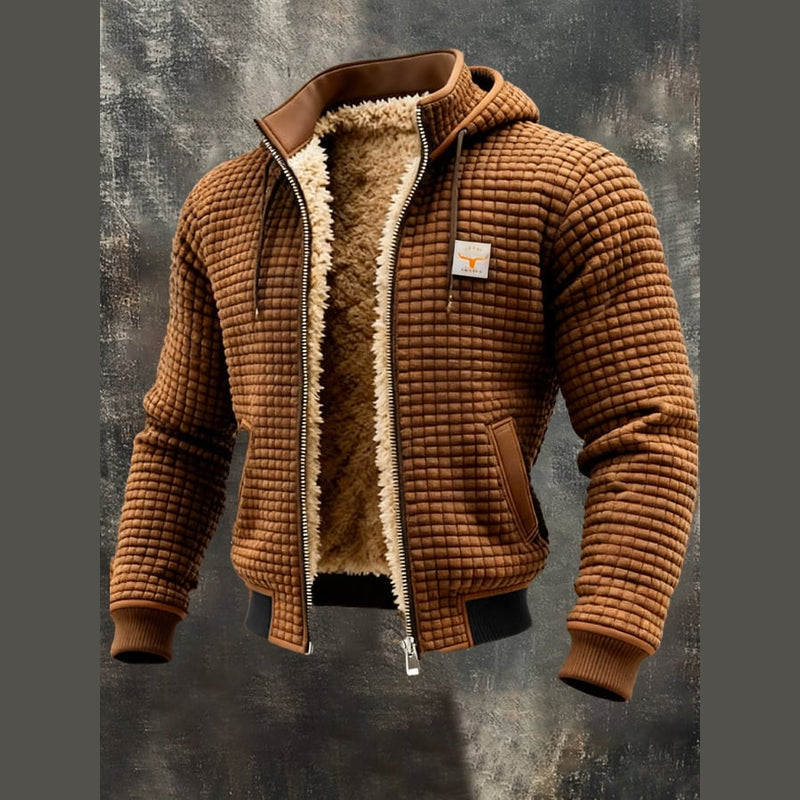 Men's hooded knit jacket with teddy lining in brown