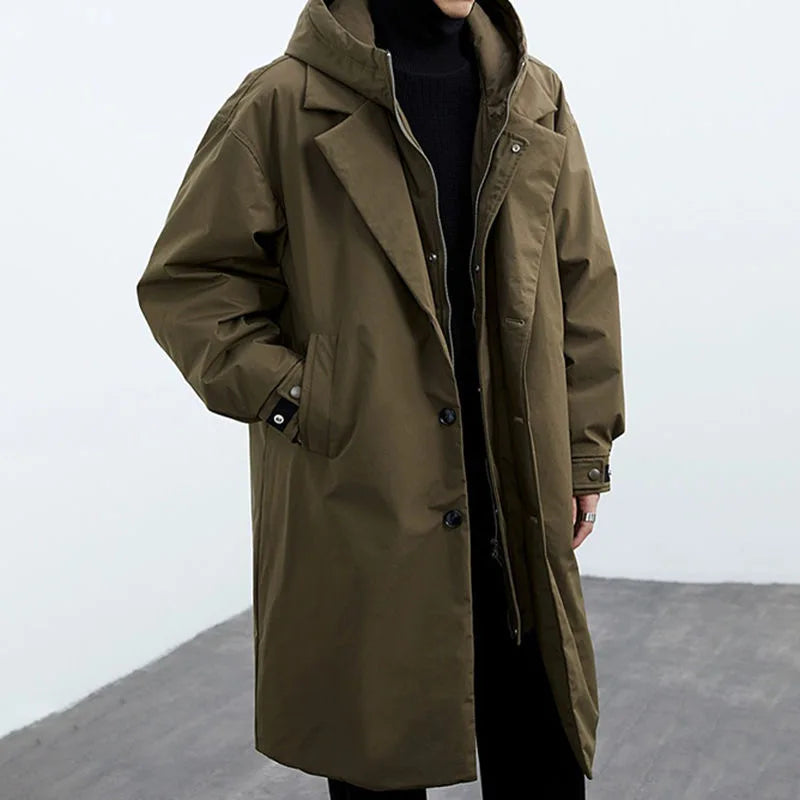 Men's Hooded Long Parka with Zip Front for Cold Days