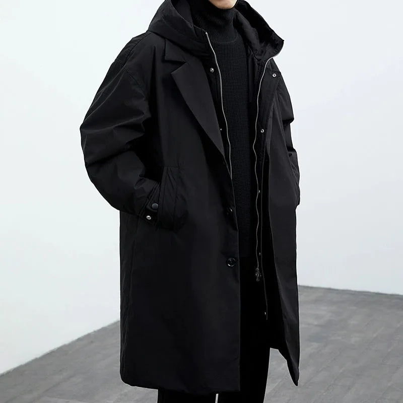 Men's hooded long parka in black