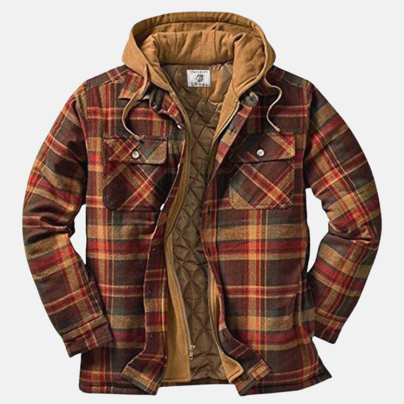 Men's hooded plaid shirt jacket in brown