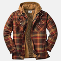 Men's hooded plaid shirt jacket in brown