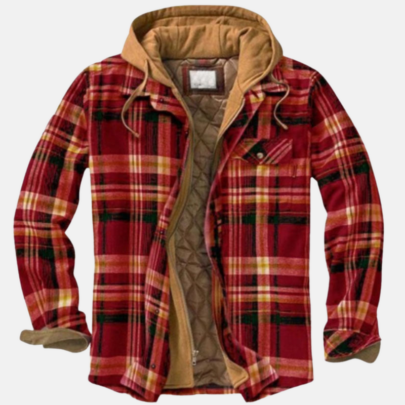 Men's hooded plaid shirt jacket in red khaki