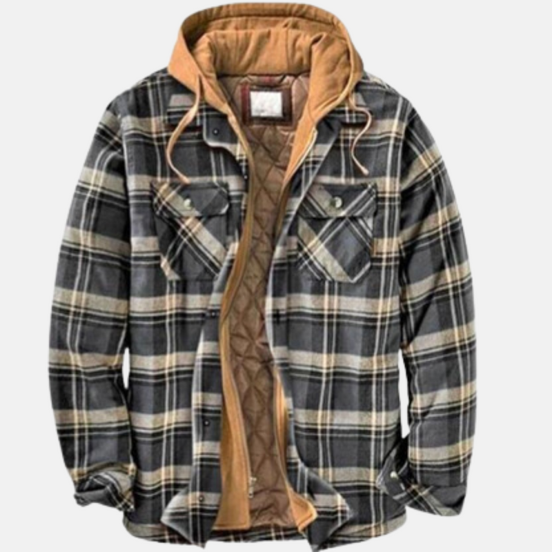 Men's hooded plaid shirt jacket in grey