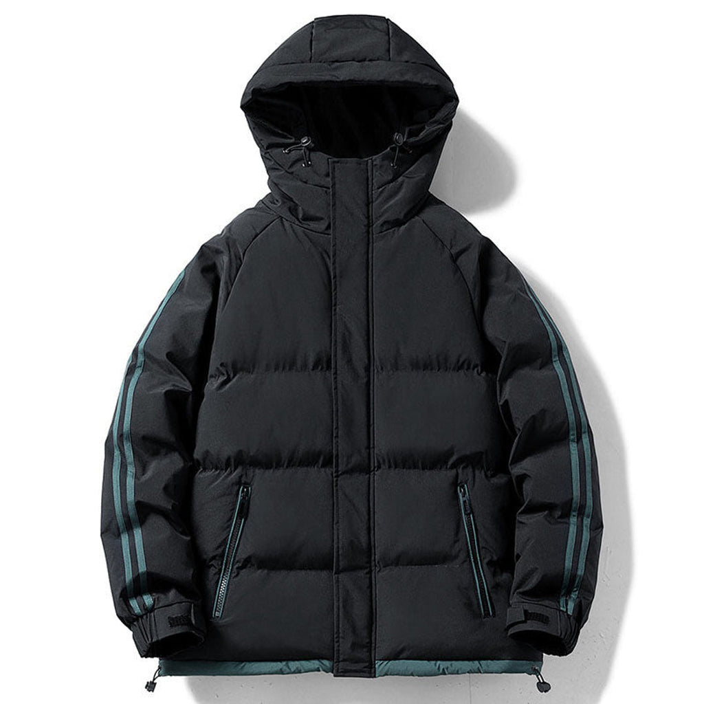 Men's black hooded puffer jacket with sleeve stripes