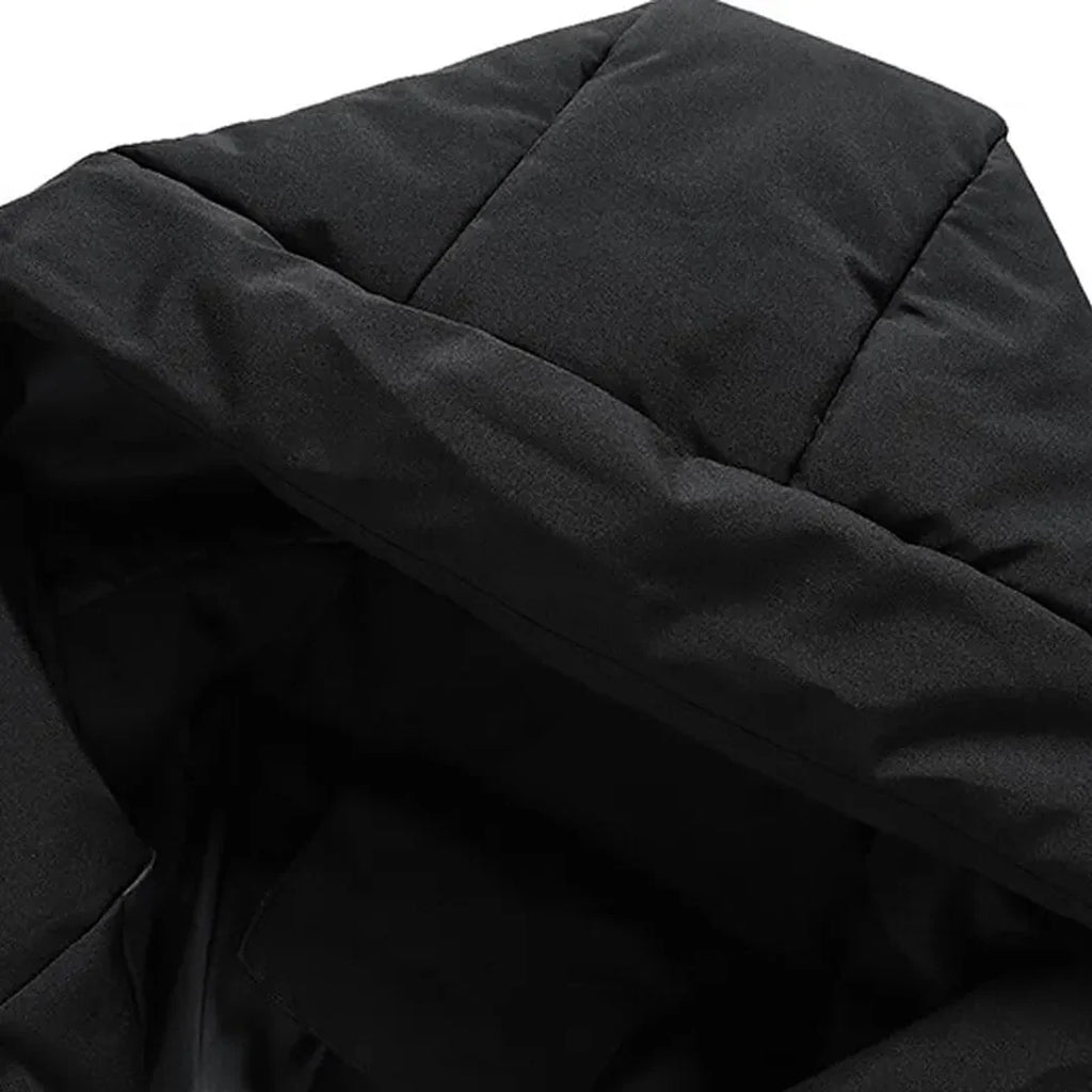 Close-up of the black puffer jacket hood