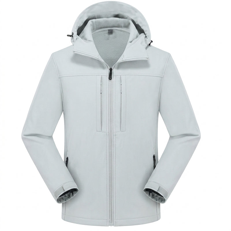 Men's hooded softshell jacket with zip front in light grey